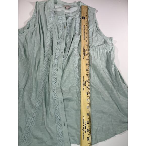 Logo Lori Goldstein L Blue Green Sleeveless Button Down Lace Ruffle Blouse - Picture 2 of 6